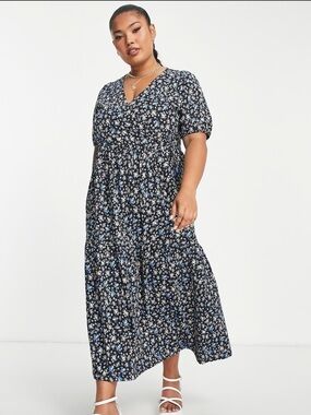 NWT ASOS Women’s Black Floral Wrap Style Dress with Blue and Yellow Flowers